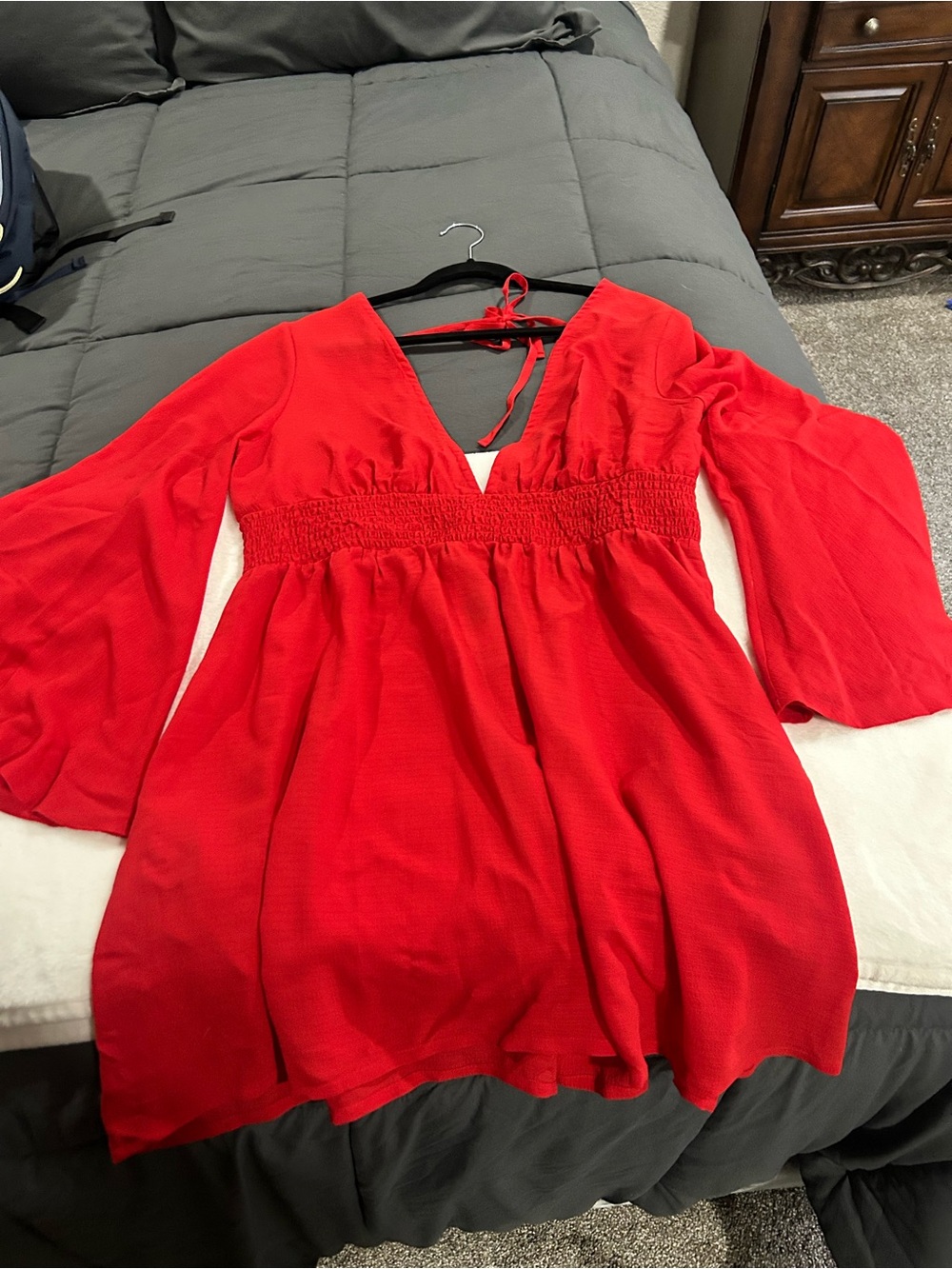 Red V-Neck Smocked Waist Tunic bathing suit coverup